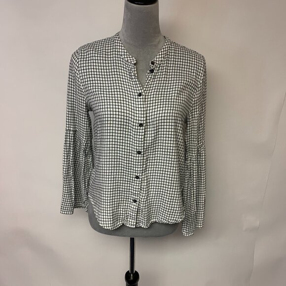 Madewell  Womens Blouse SZ S Windowpane Buttondown Bell Flowy Sleeve Relaxed Fit - Picture 1 of 9